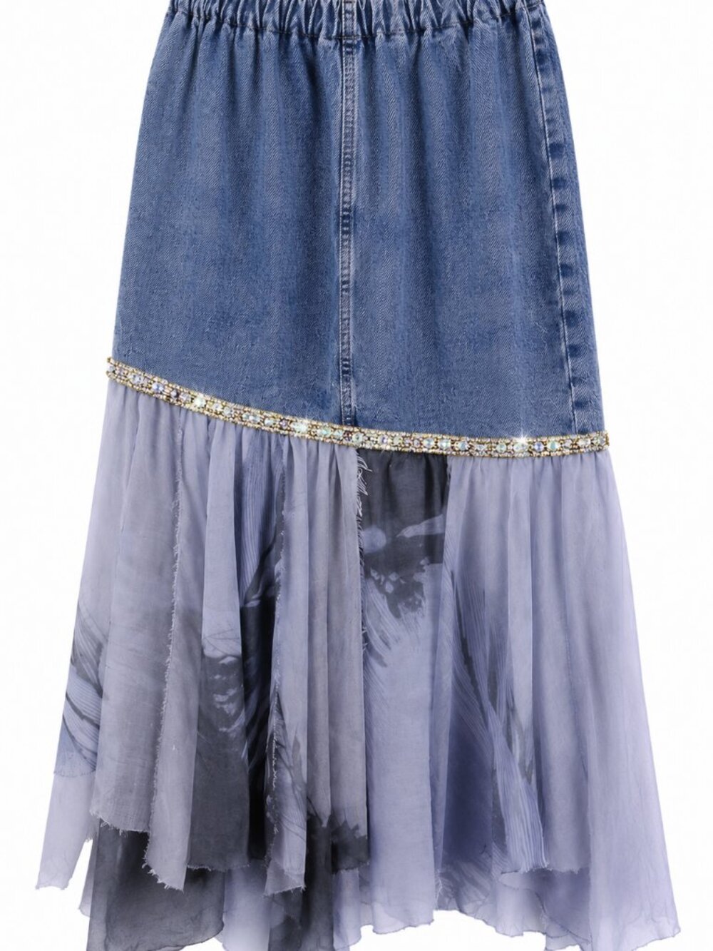 Boho Couture Asymmetrical Denim & Viscose Rhinestone Designer Skirt